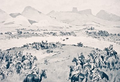 Dél-Afrika. A Beyer csapatok megadják magukat a Vaal folyónál a Maritz-lázadás után, 1914. december 8., a „The War Illustrated deLuxe” című könyvéből, amely 1916-ban jelent meg Londonban. alkotó: English School